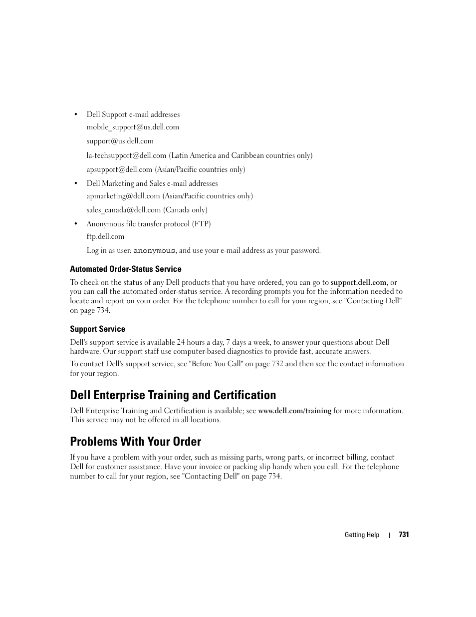 Dell enterprise training and certification, Problems with your order, Automated order-status service | Support service | Dell PowerConnect M6220 User Manual | Page 733 / 737