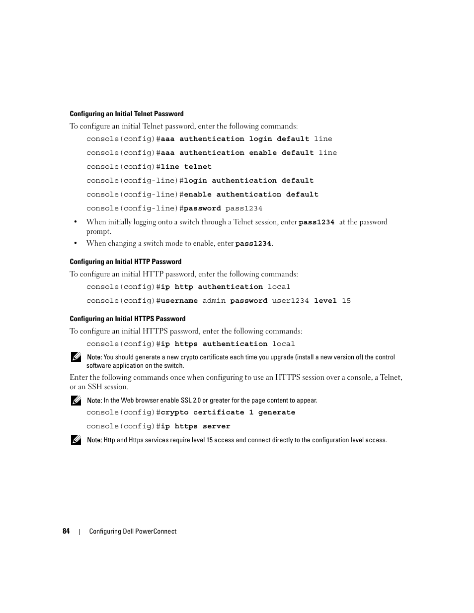 Configuring an initial telnet password, Configuring an initial http password, Configuring an initial https password | Dell PowerConnect M6220 User Manual | Page 86 / 737