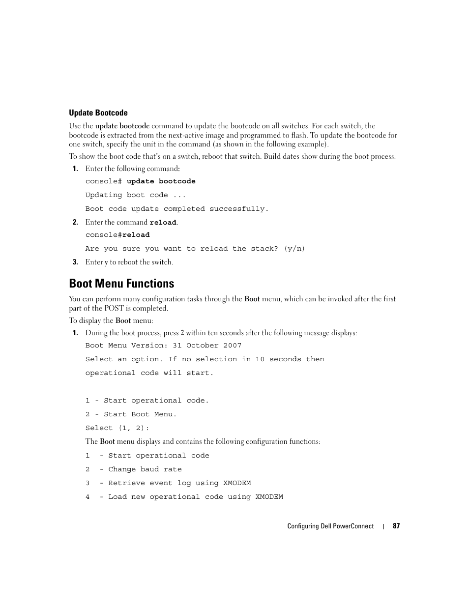 Boot menu functions, Update bootcode | Dell PowerConnect M6220 User Manual | Page 89 / 737