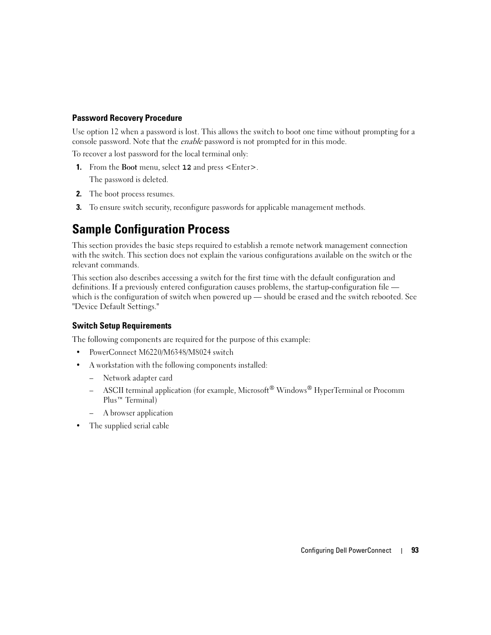 Sample configuration process, Switch setup requirements, Password recovery procedure | Dell PowerConnect M6220 User Manual | Page 95 / 737