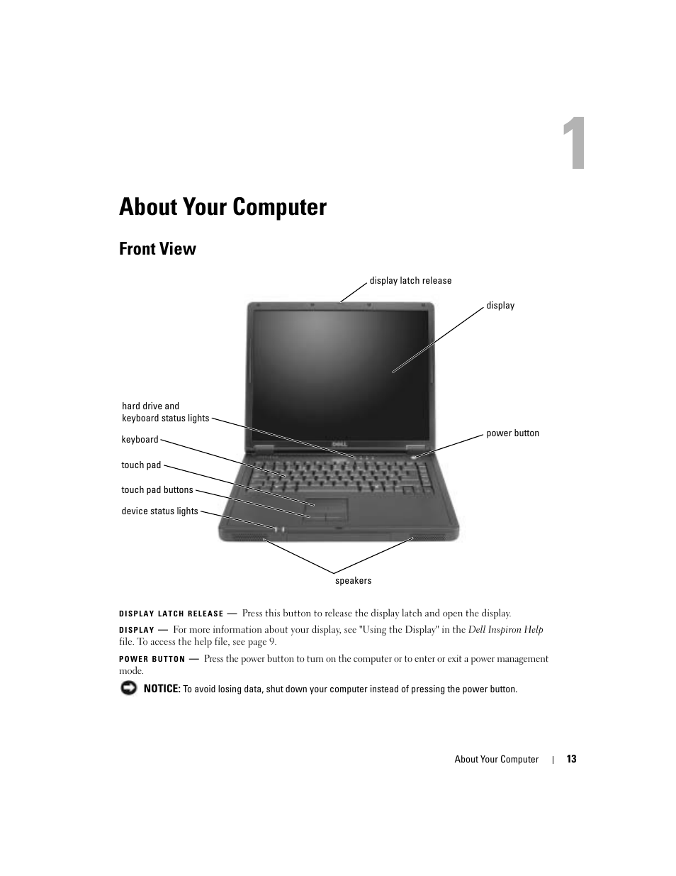 About your computer, Front view | Dell 1000 User Manual | Page 13 / 98
