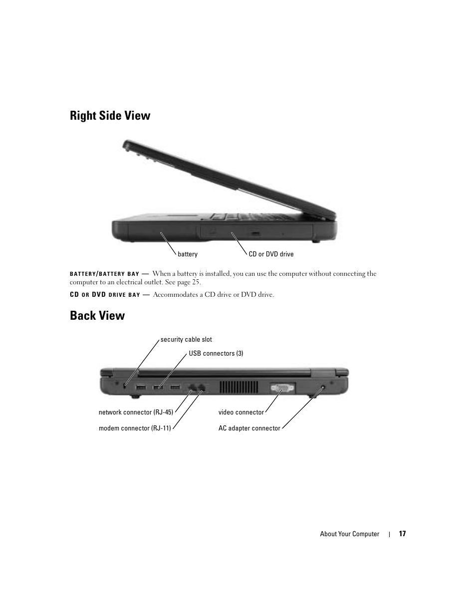 Right side view, Back view | Dell 1000 User Manual | Page 17 / 98