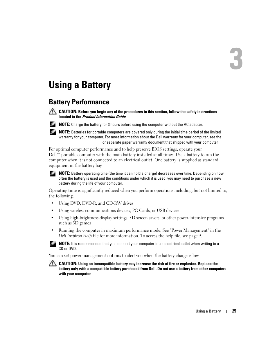 Using a battery, Battery performance | Dell 1000 User Manual | Page 25 / 98