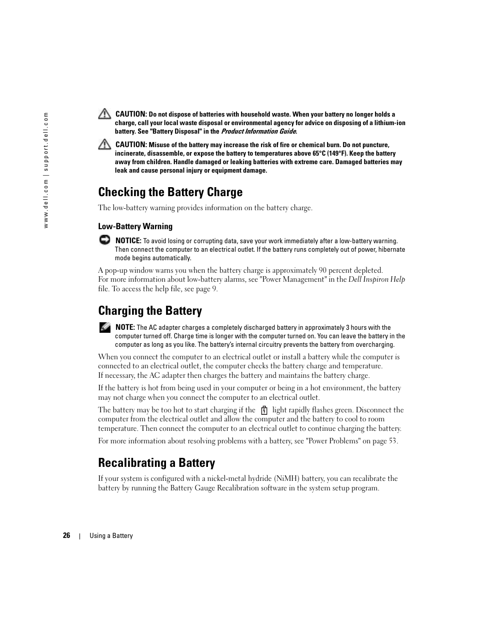 Checking the battery charge, Low-battery warning, Charging the battery | Recalibrating a battery | Dell 1000 User Manual | Page 26 / 98