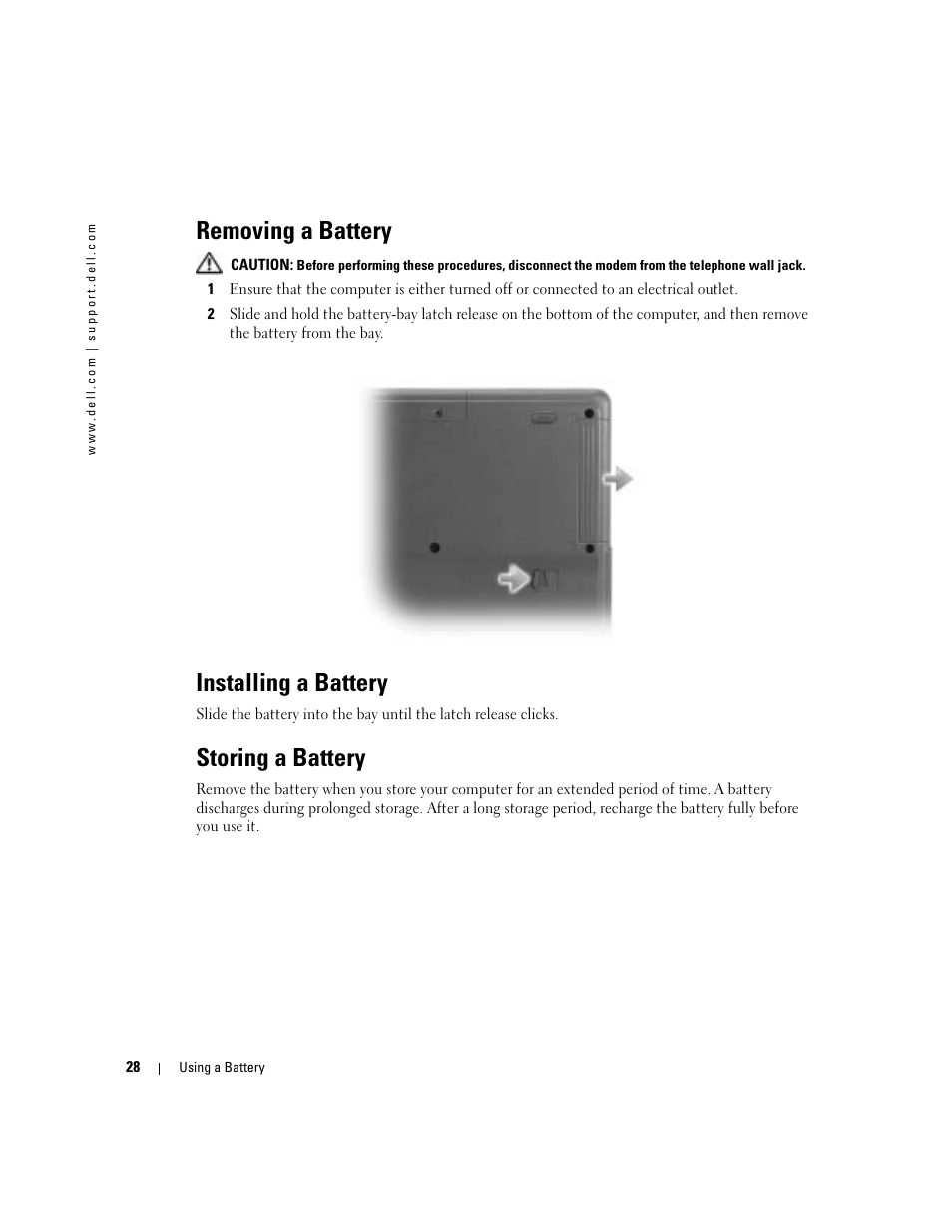 Removing a battery, Installing a battery, Storing a battery | Dell 1000 User Manual | Page 28 / 98