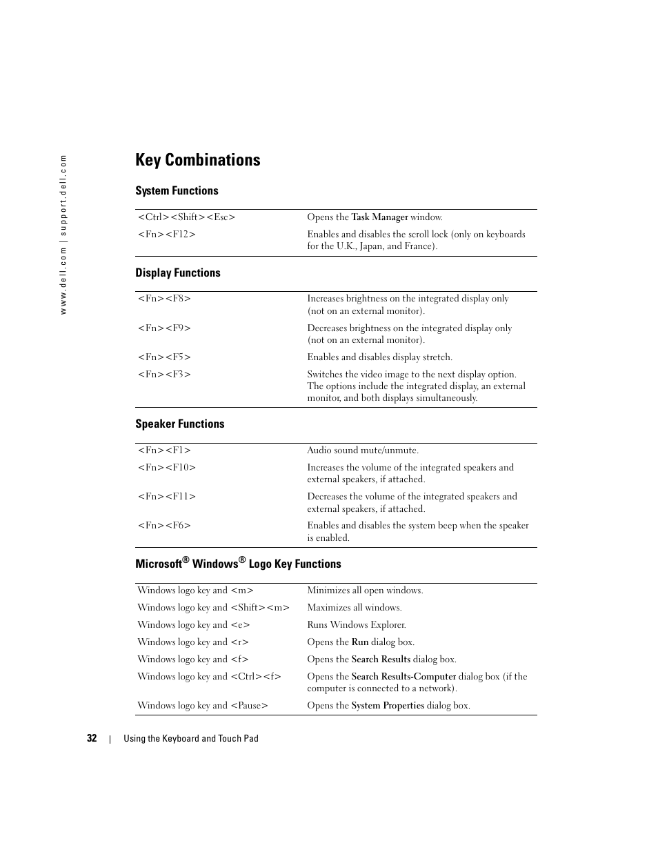 Key combinations, System functions, Display functions | Speaker functions, Microsoft® windows® logo key functions, Microsoft | Dell 1000 User Manual | Page 32 / 98