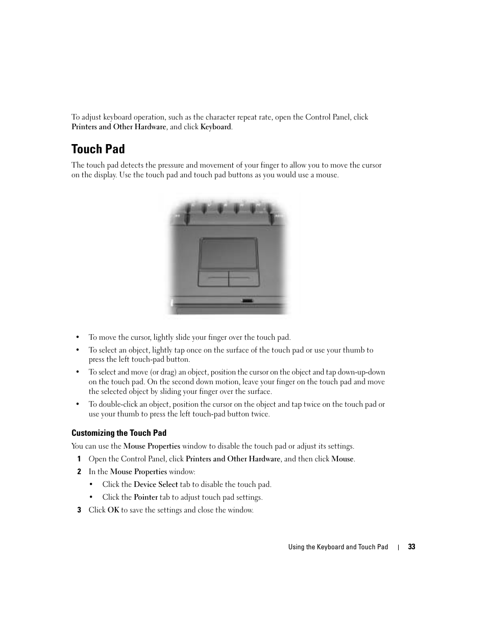 Touch pad, Customizing the touch pad | Dell 1000 User Manual | Page 33 / 98