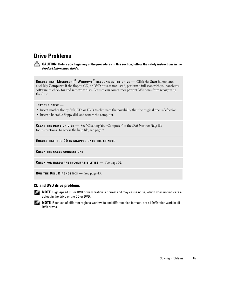 Drive problems, Cd and dvd drive problems | Dell 1000 User Manual | Page 45 / 98