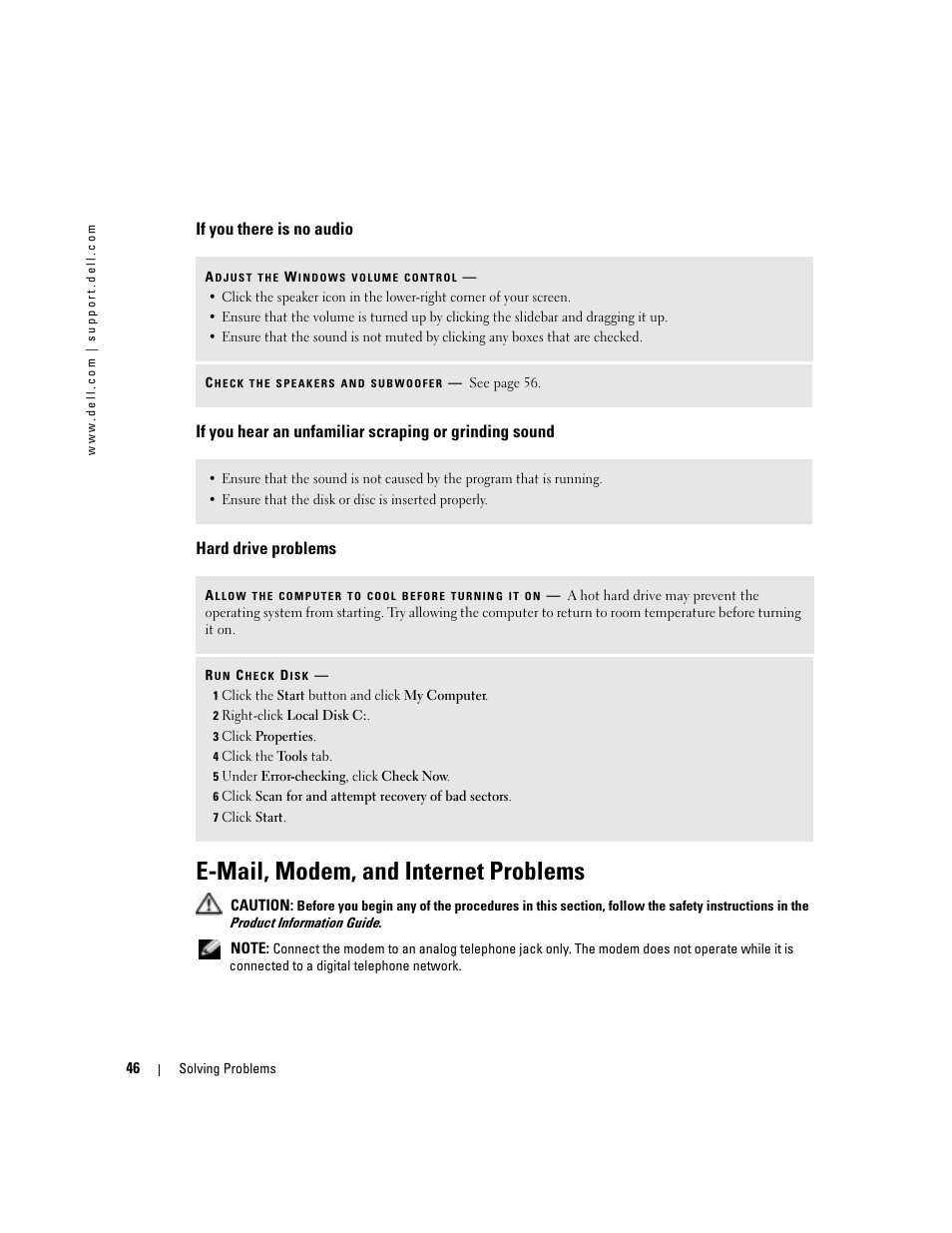 If you there is no audio, Hard drive problems, E-mail, modem, and internet problems | Dell 1000 User Manual | Page 46 / 98