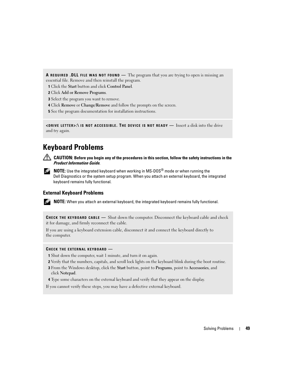 Keyboard problems, External keyboard problems | Dell 1000 User Manual | Page 49 / 98