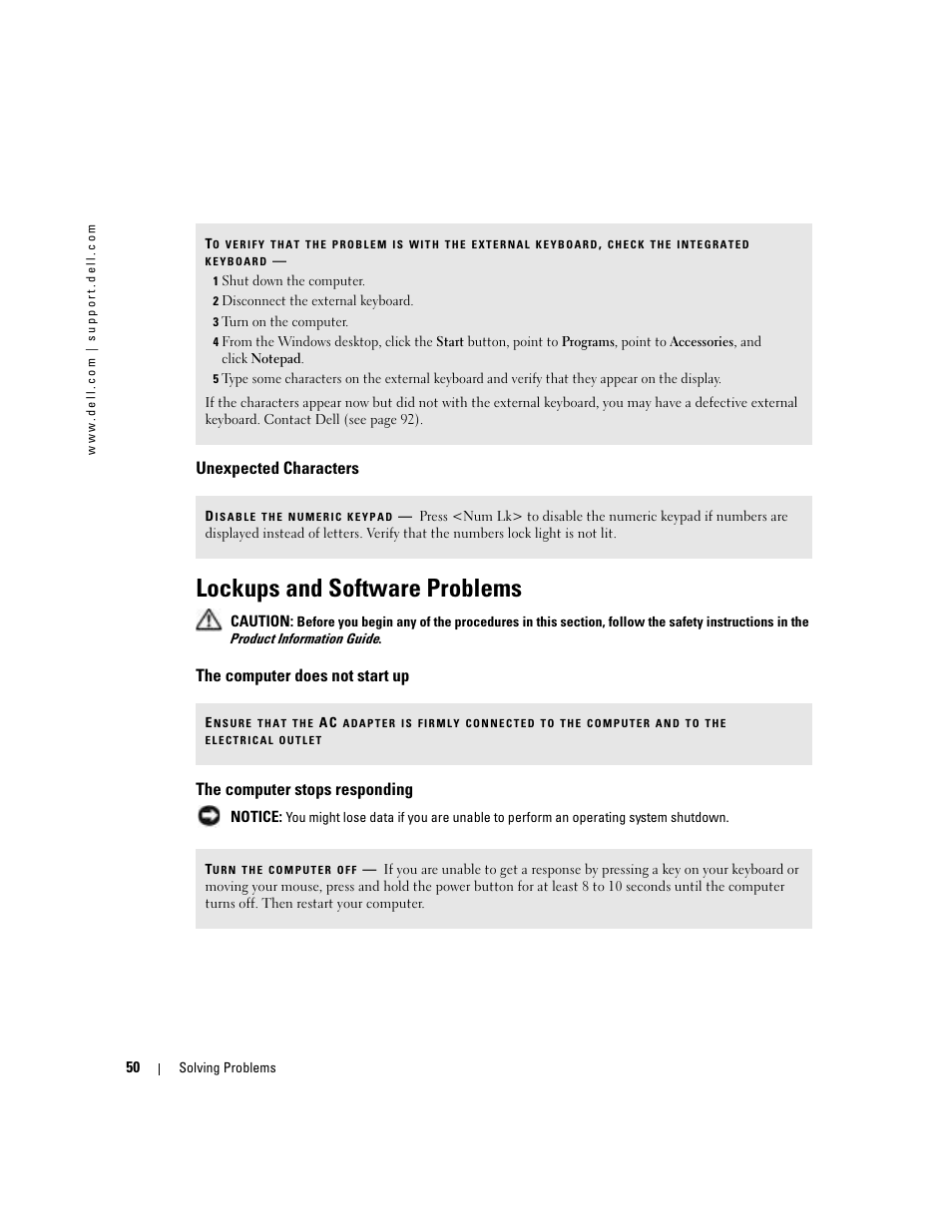 Unexpected characters, Lockups and software problems, The computer does not start up | The computer stops responding | Dell 1000 User Manual | Page 50 / 98