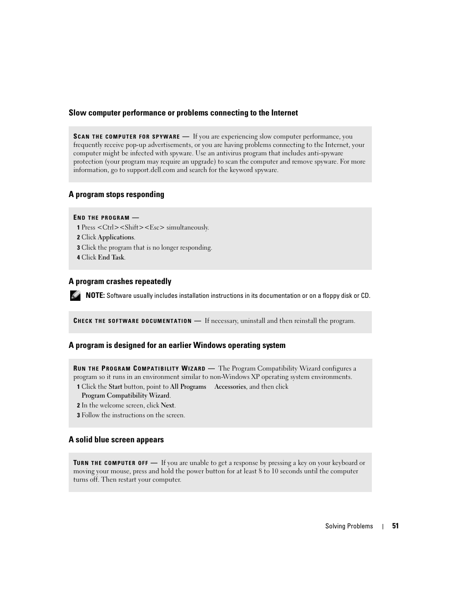 A program stops responding, A program crashes repeatedly, A solid blue screen appears | Dell 1000 User Manual | Page 51 / 98