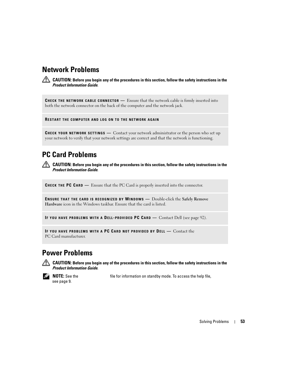 Network problems, Pc card problems, Power problems | Dell 1000 User Manual | Page 53 / 98