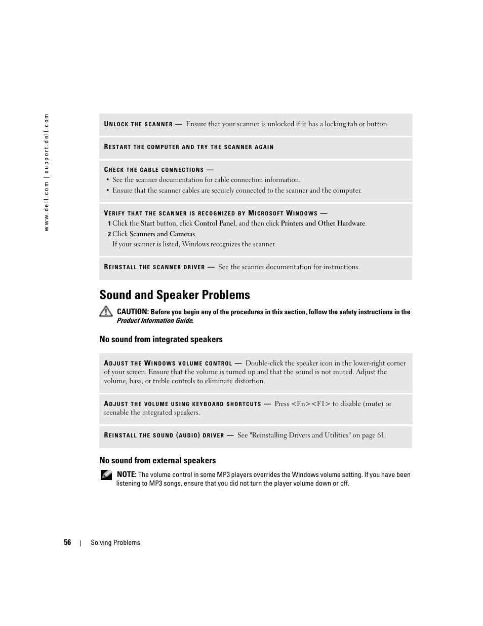 Sound and speaker problems, No sound from integrated speakers, No sound from external speakers | Dell 1000 User Manual | Page 56 / 98