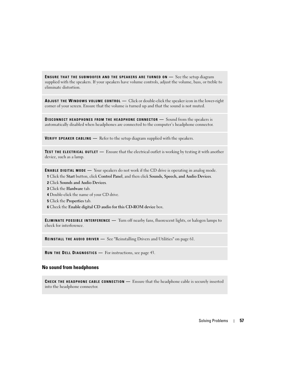 No sound from headphones | Dell 1000 User Manual | Page 57 / 98