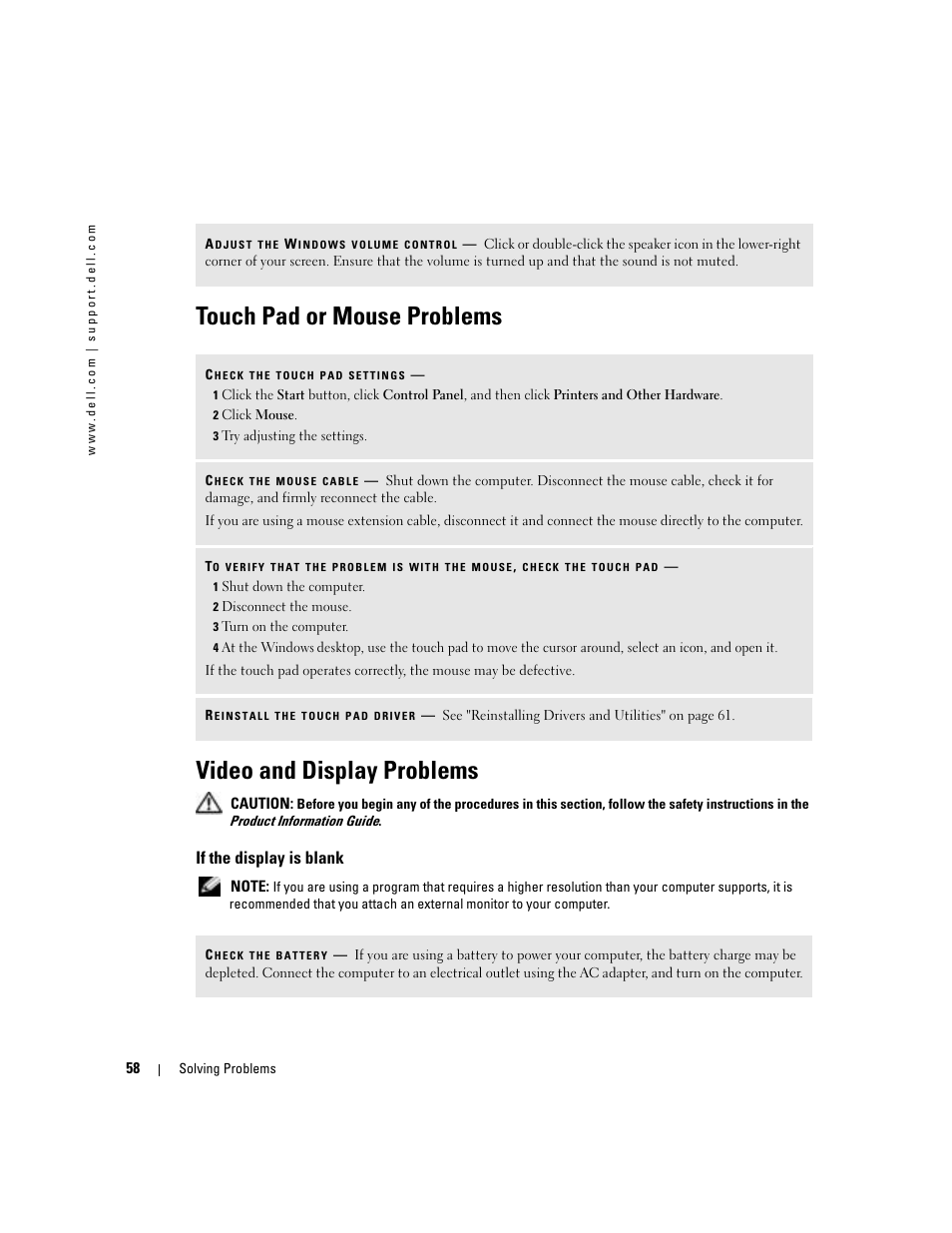 Touch pad or mouse problems, Video and display problems, If the display is blank | Dell 1000 User Manual | Page 58 / 98