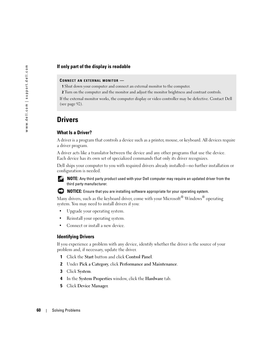 If only part of the display is readable, Drivers, What is a driver | Identifying drivers | Dell 1000 User Manual | Page 60 / 98