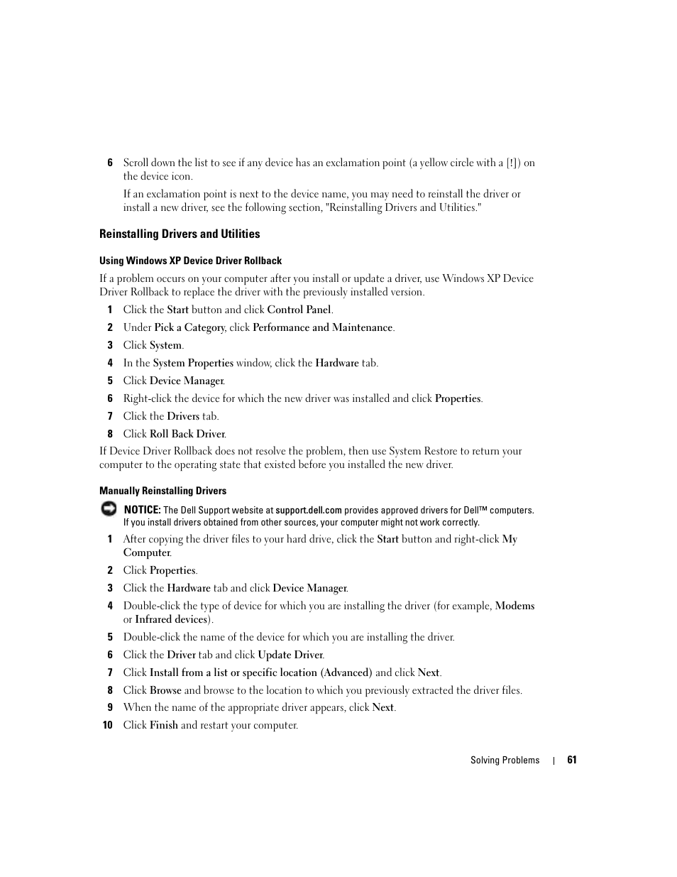 Reinstalling drivers and utilities | Dell 1000 User Manual | Page 61 / 98