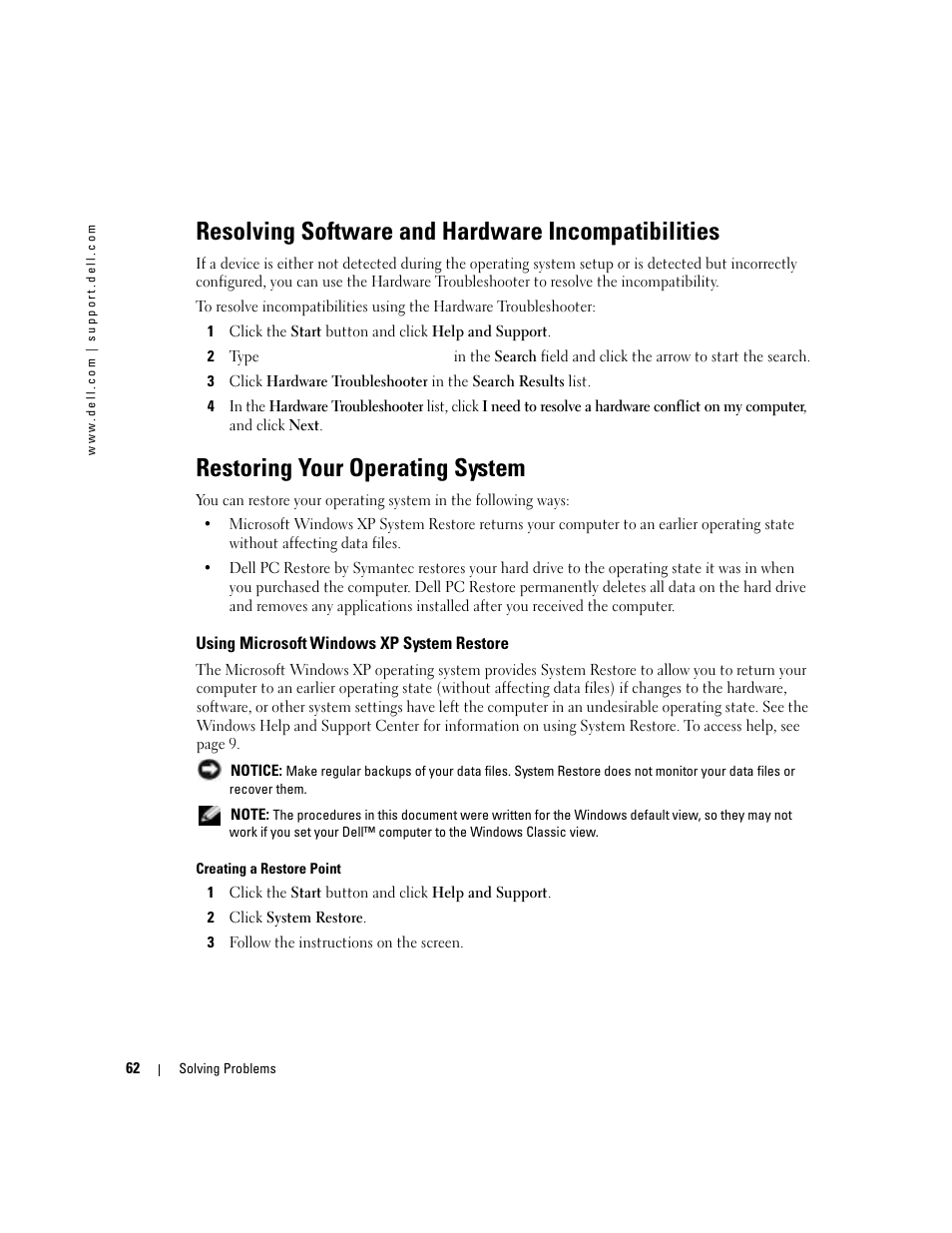 Resolving software and hardware incompatibilities, Restoring your operating system, Using microsoft windows xp system restore | Using microsoft | Dell 1000 User Manual | Page 62 / 98