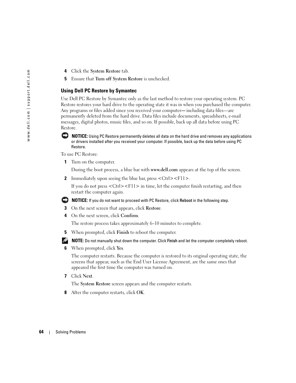 Using dell pc restore by symantec | Dell 1000 User Manual | Page 64 / 98