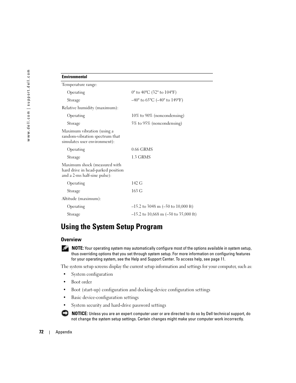 Using the system setup program, Overview | Dell 1000 User Manual | Page 72 / 98