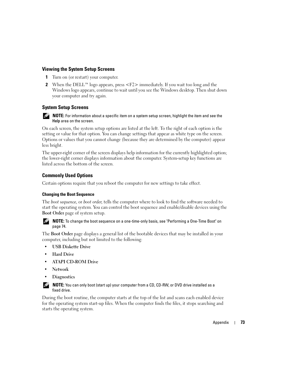 Viewing the system setup screens, System setup screens, Commonly used options | Dell 1000 User Manual | Page 73 / 98