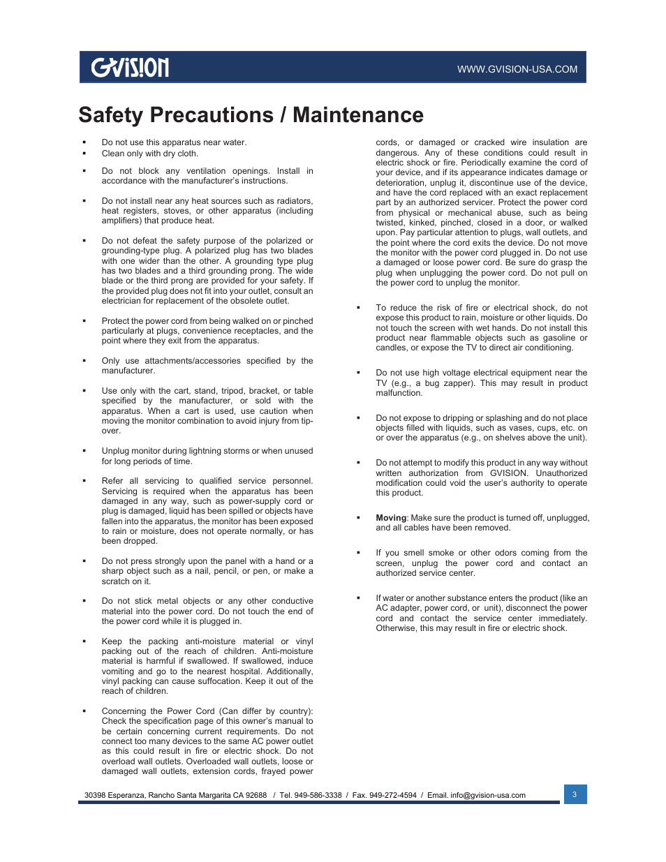 Safety precautions / maintenance | GVision USA IP PVM 23.6" LED-Backlit Surveillance Monitor with 1080p Camera User Manual | Page 3 / 21