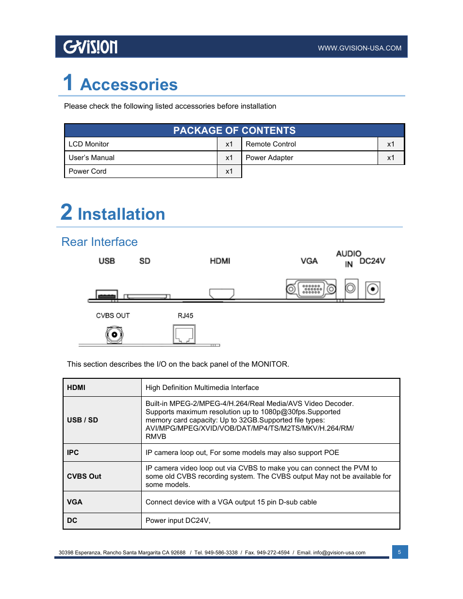 Accessories, Installation, Rear interface | GVision USA IP PVM 23.6" LED-Backlit Surveillance Monitor with 1080p Camera User Manual | Page 5 / 21