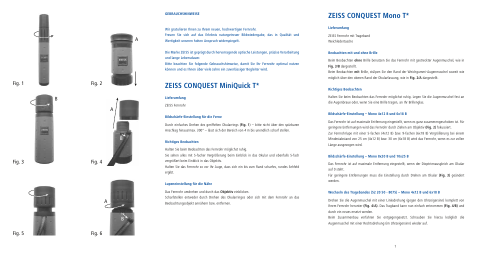 Zeiss conquest miniquick t, Zeiss conquest mono t | Carl Zeiss 6x18 Mono T* Monocular User Manual | Page 3 / 22