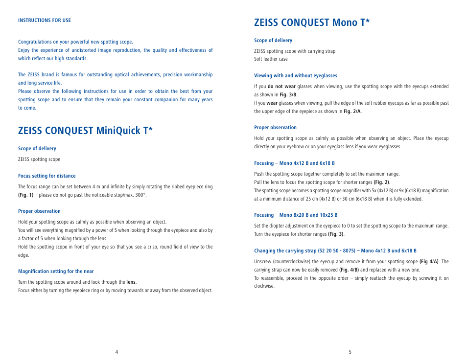 Zeiss conquest mono t, Zeiss conquest miniquick t | Carl Zeiss 6x18 Mono T* Monocular User Manual | Page 5 / 22