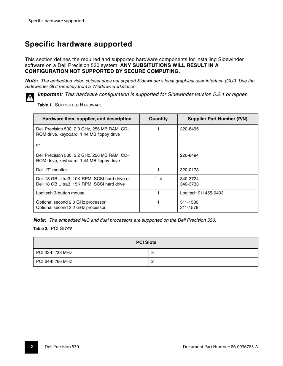 Specific hardware supported | Dell PRECISION 530 User Manual | Page 2 / 8