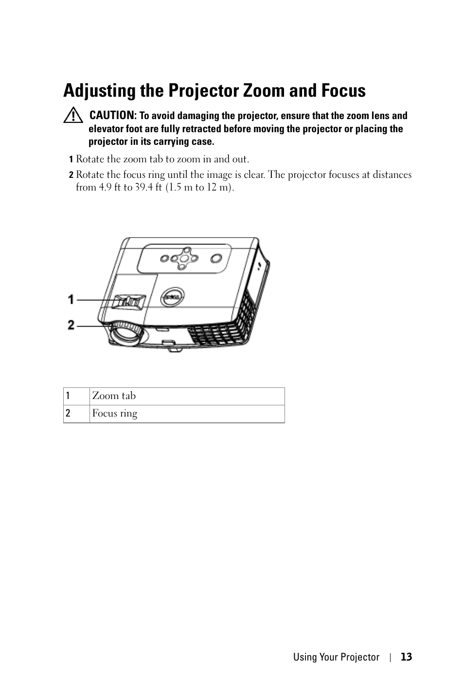 Adjusting the projector zoom and focus, Ajuste do zoom e do foco do projetor | Dell 3400MP User Manual | Page 13 / 68