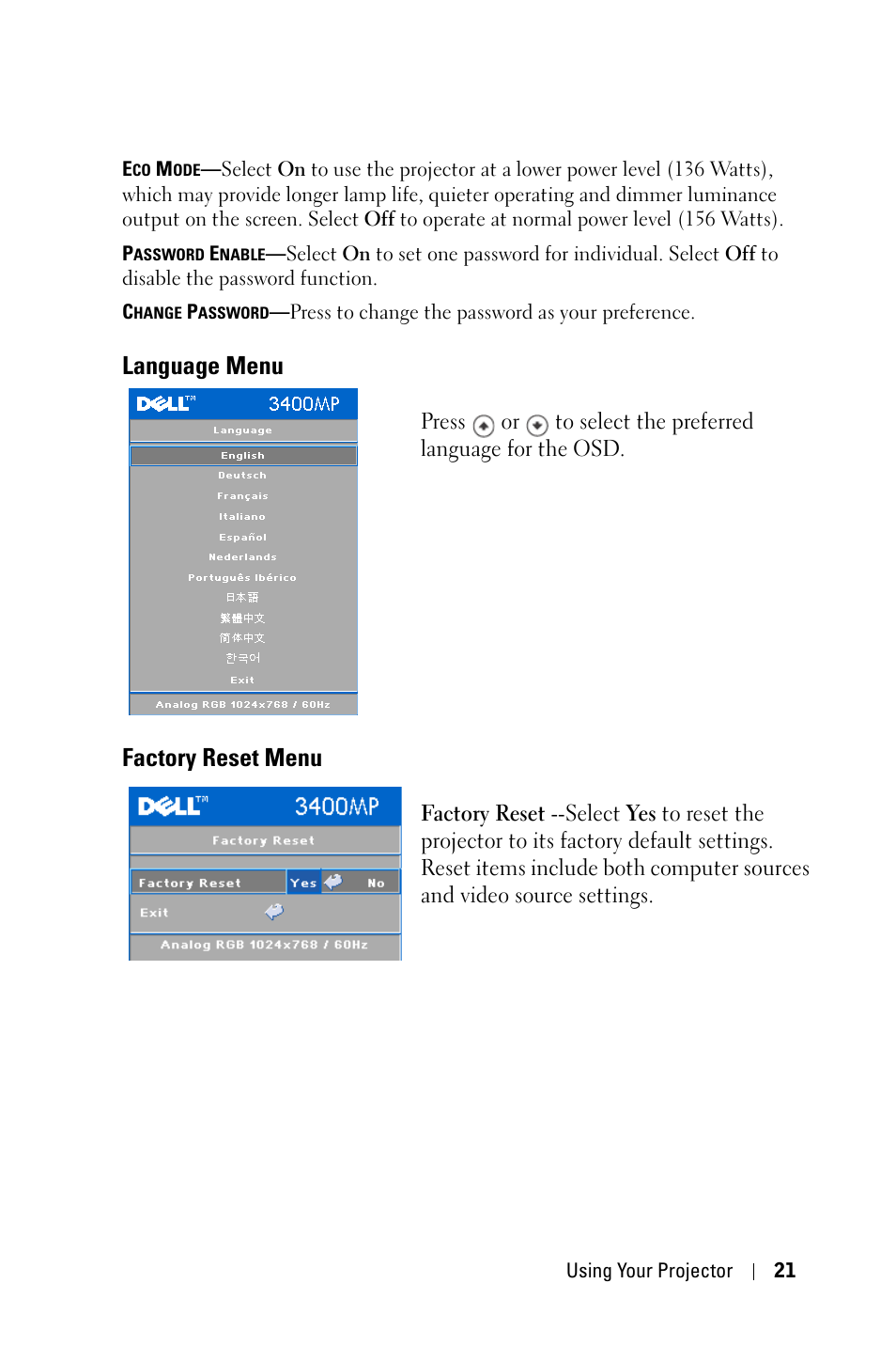 Language menu, Factory reset menu, Menu langue | Menu réinit. d'usine, Menu idioma, Menu de conf. original | Dell 3400MP User Manual | Page 21 / 68