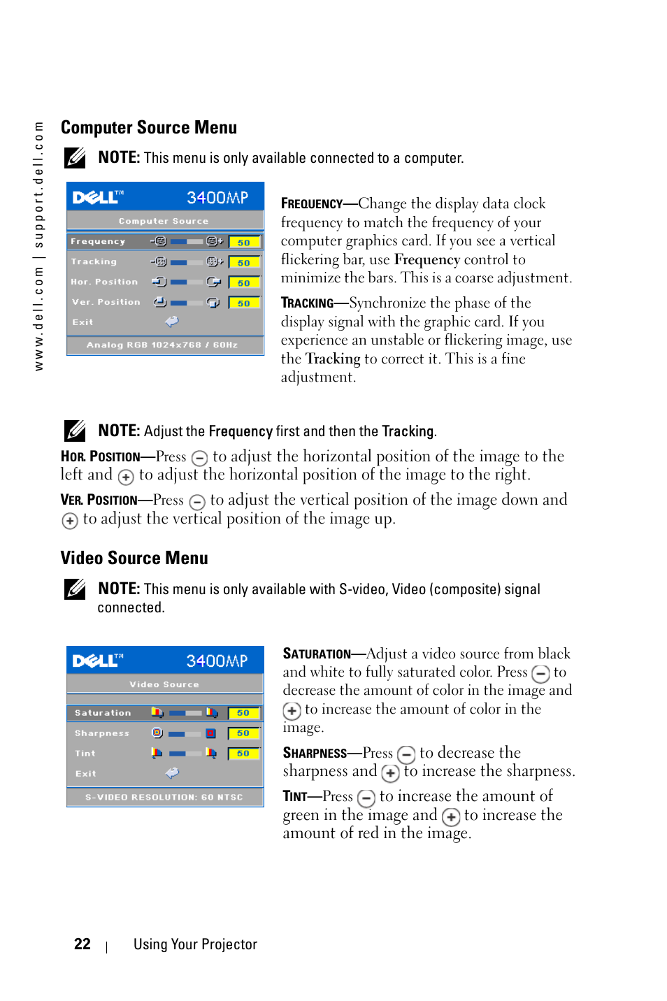 Computer source menu, Video source menu, Menu source de l'ordinateur | Menu de source vidéo, Menu fonte do computador, Menu fonte de vídeo | Dell 3400MP User Manual | Page 22 / 68