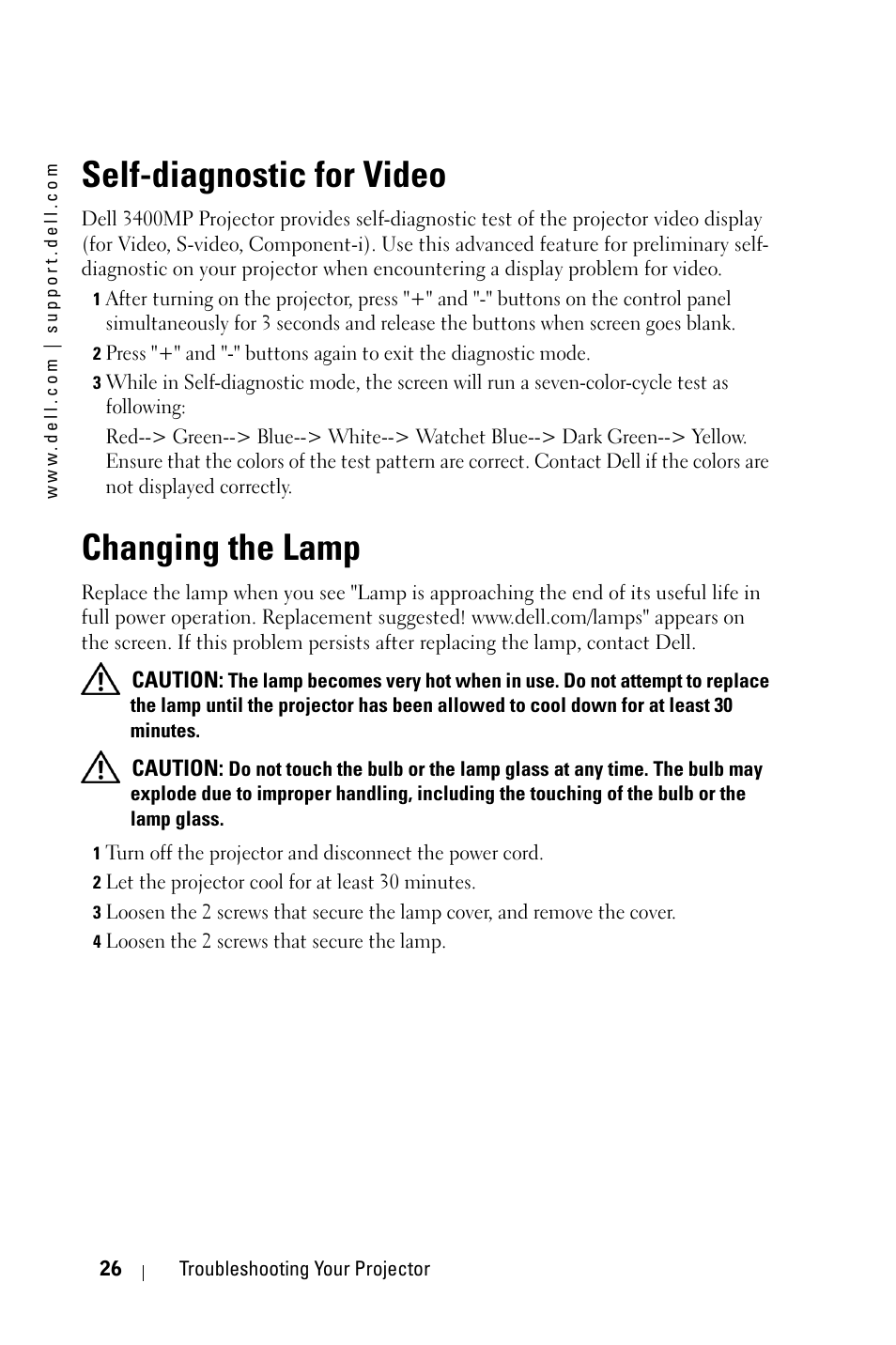 Self-diagnostic for video, Changing the lamp, Auto-diagnostic pour vidéo | Remplacer la lampe, Auto-diagnóstico para vídeo, Troca da lâmpada, E "self-diagnostic | Dell 3400MP User Manual | Page 26 / 68