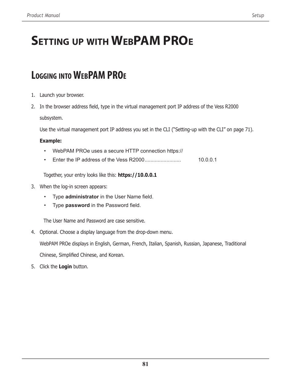 Setting up with webpam proe, Logging into webpam proe, Etting | With, Pam pro, Ogging, Into | Promise Technology 2-Year Extended Warranty for VessR2000 RAID Head User Manual | Page 108 / 705