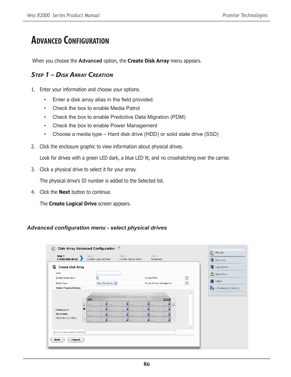 Advanced configuration, Step 1 – disk array creation, Dvanced | Onfiguration, 1 – d, Rray, Reation | Promise Technology 2-Year Extended Warranty for VessR2000 RAID Head User Manual | Page 113 / 705