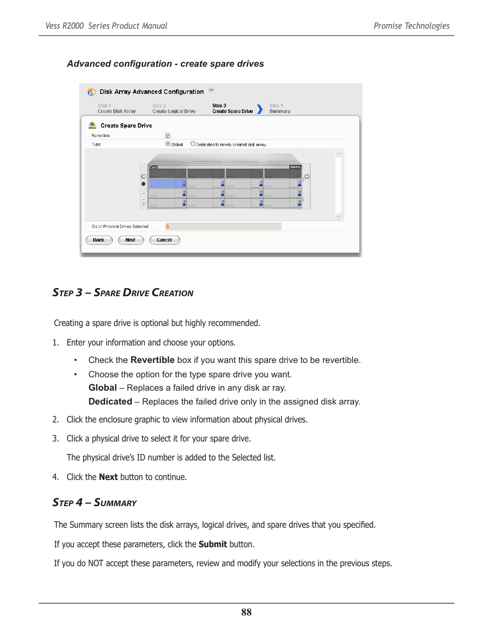 Step 3 – spare drive creation, Step 4 – summary, 3 – s | Pare, Rive, Reation, 4 – s, Ummary | Promise Technology 2-Year Extended Warranty for VessR2000 RAID Head User Manual | Page 115 / 705