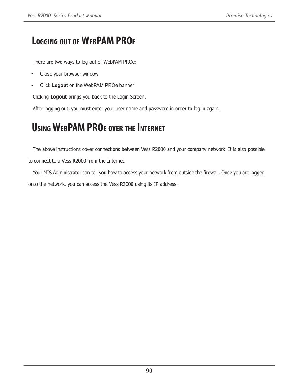 Logging out of webpam proe, Using webpam proe over the internet, Ogging | Pam pro, Sing, Over, Nternet | Promise Technology 2-Year Extended Warranty for VessR2000 RAID Head User Manual | Page 117 / 705