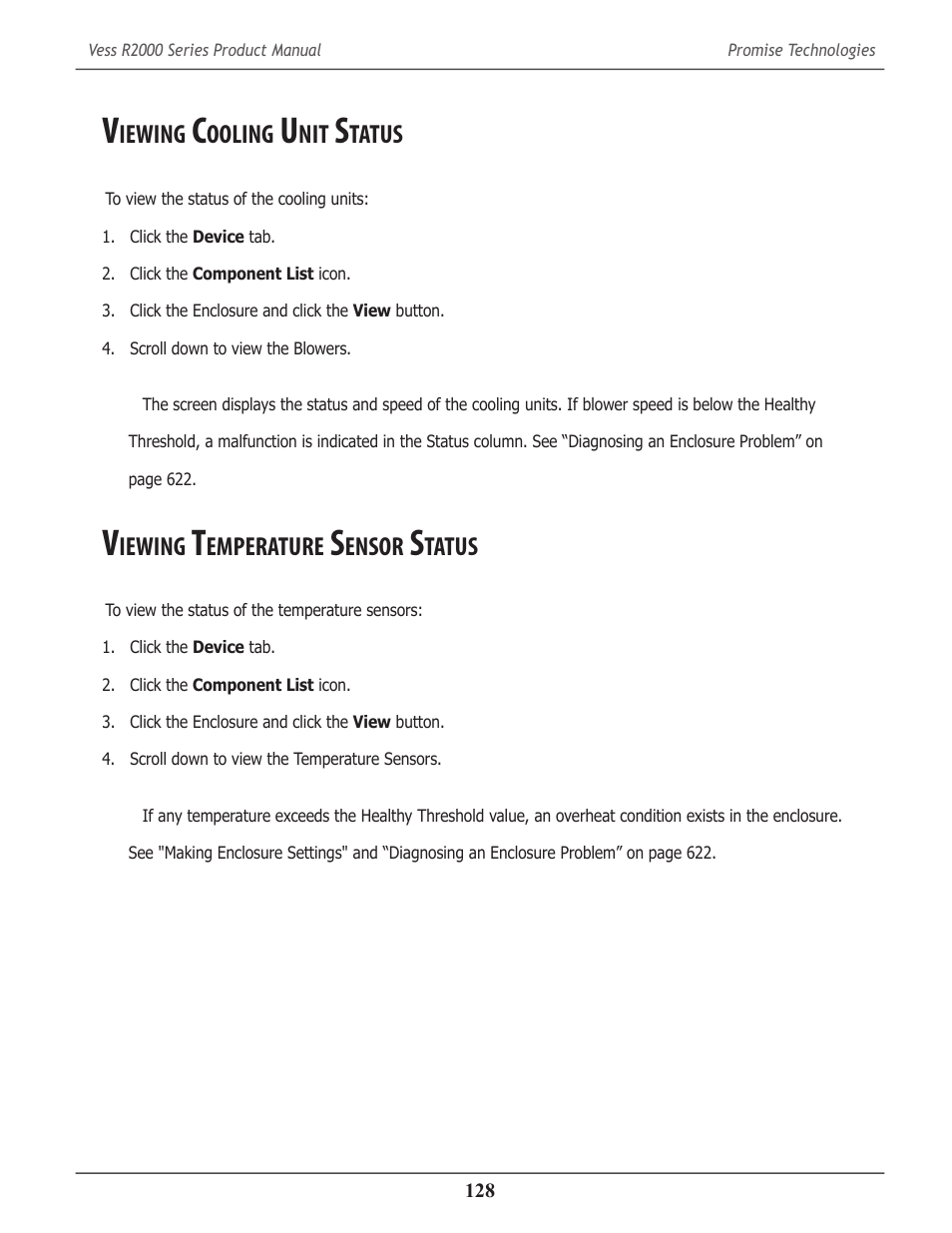 Viewing cooling unit status, Viewing temperature sensor status, Iewing | Ooling, Tatus, Emperature, Ensor | Promise Technology 2-Year Extended Warranty for VessR2000 RAID Head User Manual | Page 155 / 705