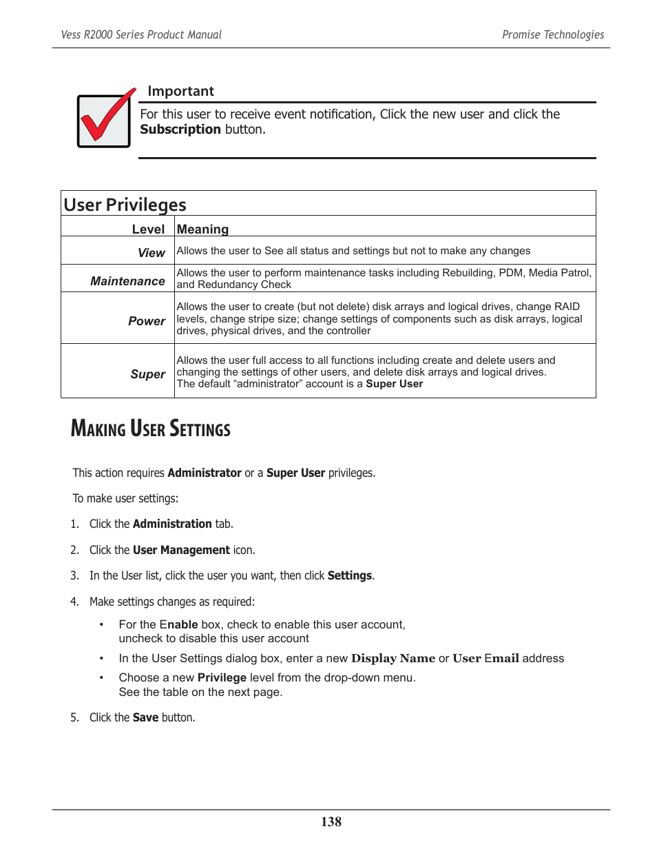 Making user settings, Aking, Ettings | User privileges | Promise Technology 2-Year Extended Warranty for VessR2000 RAID Head User Manual | Page 165 / 705