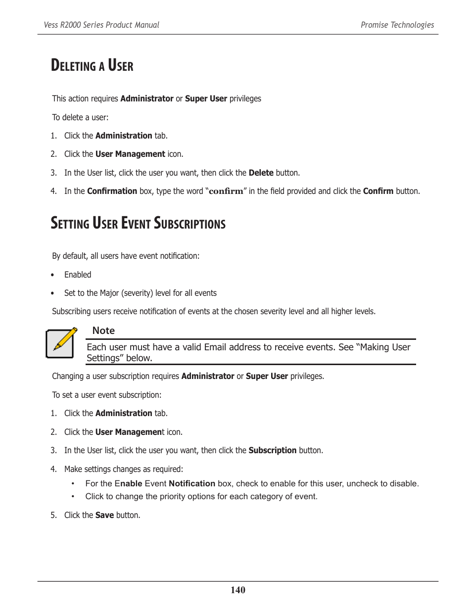 Deleting a user, Setting user event subscriptions, Eleting | Etting, Vent, Ubscriptions | Promise Technology 2-Year Extended Warranty for VessR2000 RAID Head User Manual | Page 167 / 705