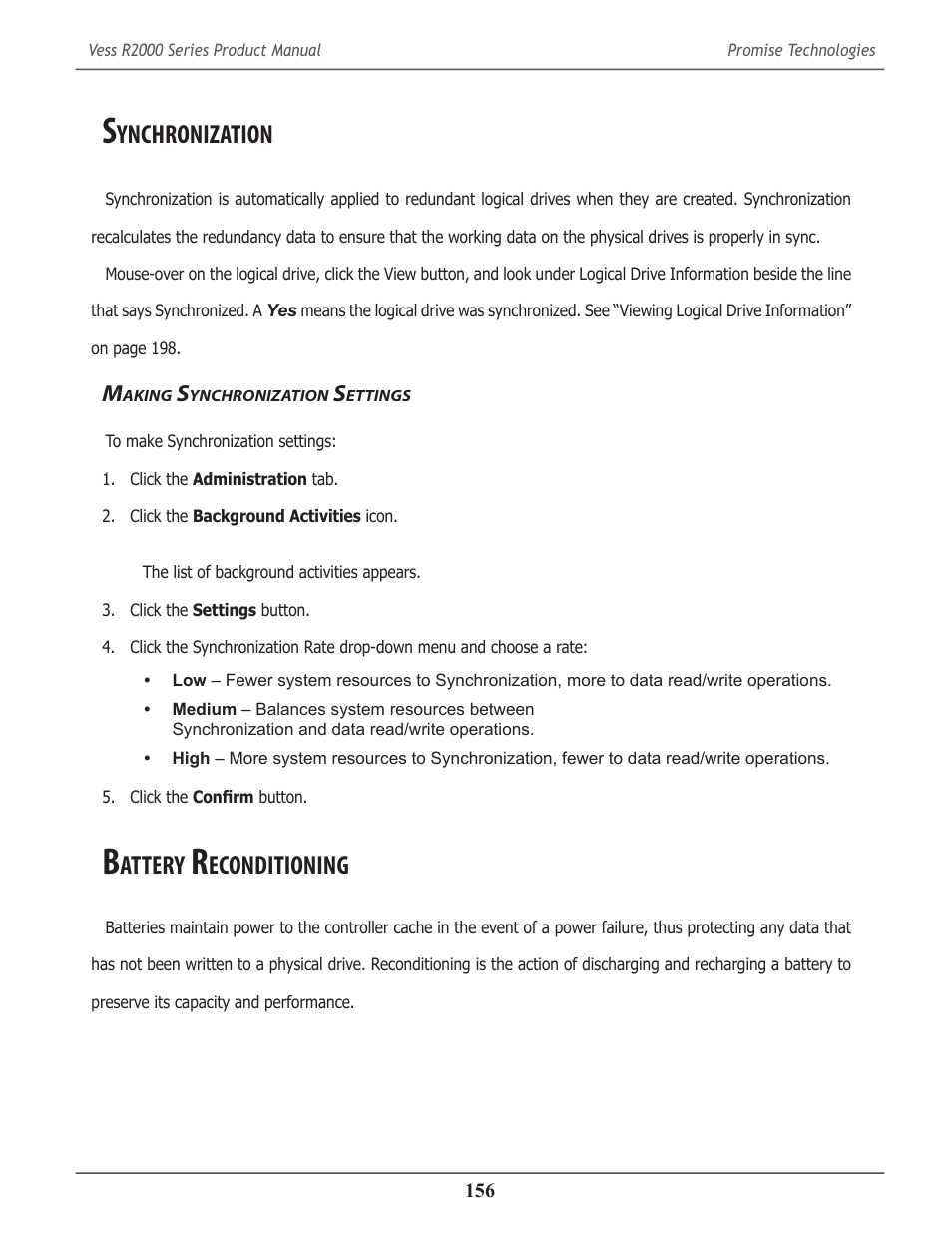 Synchronization, Making synchronization settings, Battery reconditioning | Ynchronization, Aking, Ettings, Attery, Econditioning | Promise Technology 2-Year Extended Warranty for VessR2000 RAID Head User Manual | Page 183 / 705
