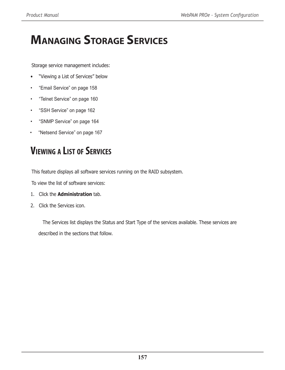 Managing storage services, Viewing a list of services, Anaging | Torage, Ervices, Iewing | Promise Technology 2-Year Extended Warranty for VessR2000 RAID Head User Manual | Page 184 / 705