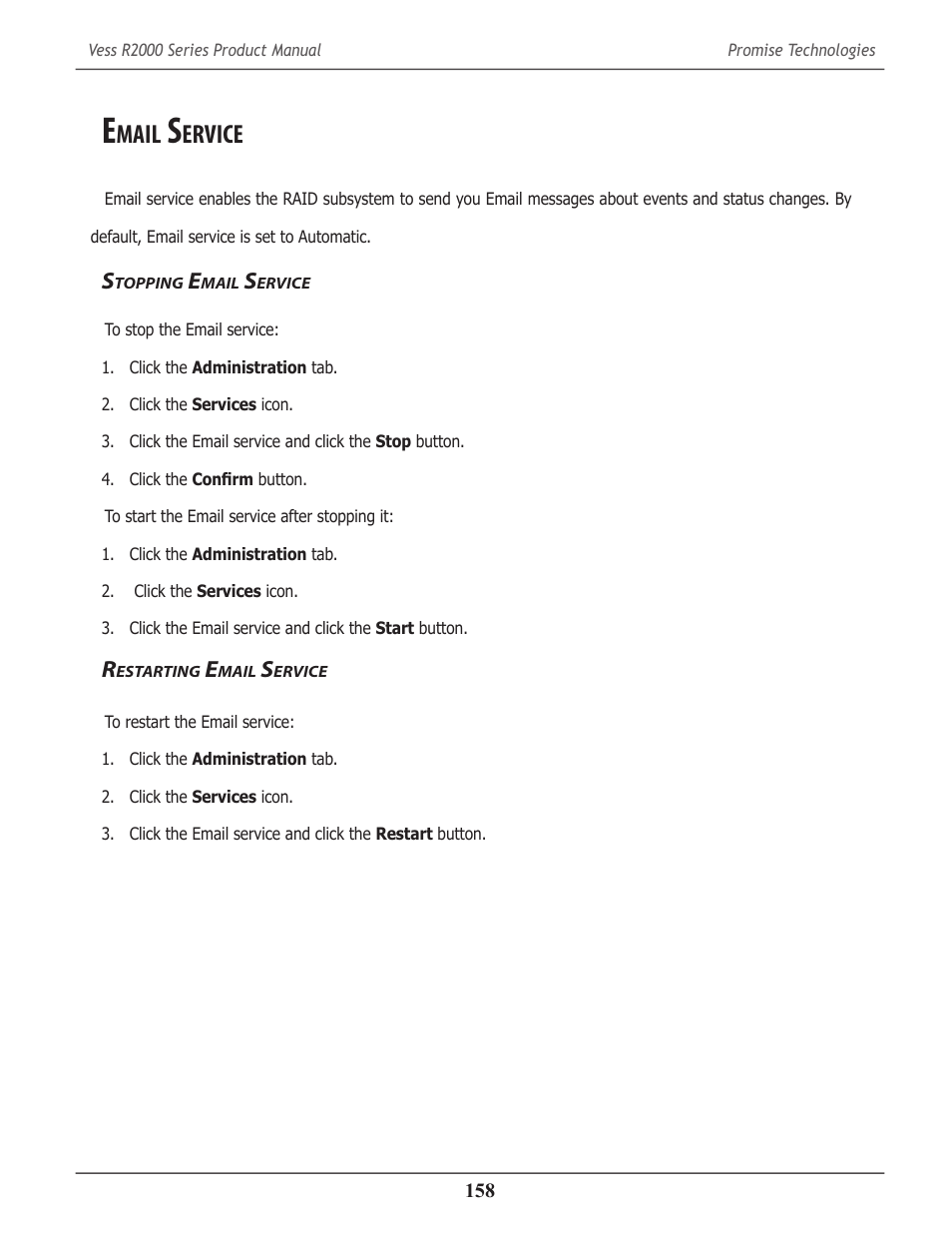 Email service, Stopping email service, Restarting email service | Mail, Ervice, Topping, Estarting | Promise Technology 2-Year Extended Warranty for VessR2000 RAID Head User Manual | Page 185 / 705