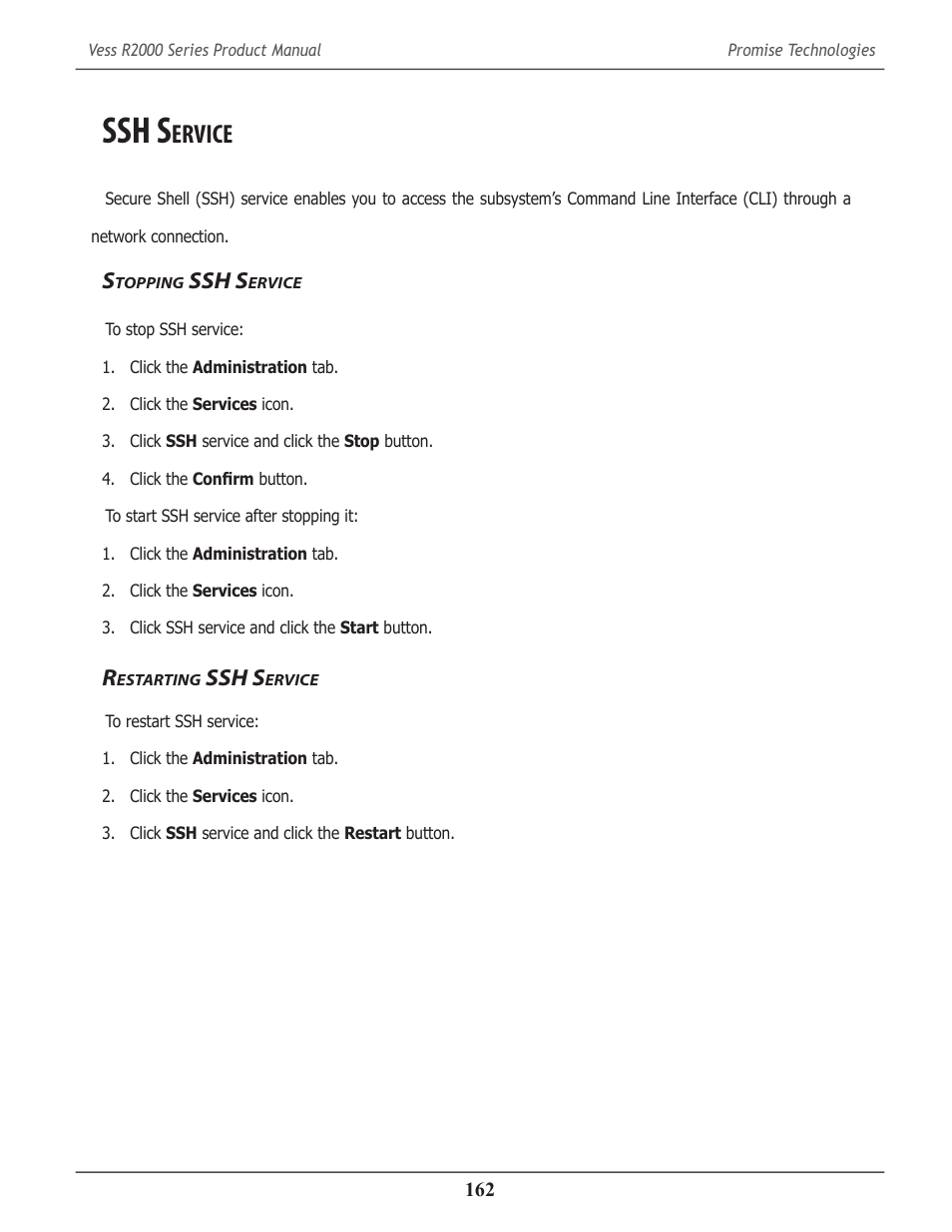 Ssh service, Stopping ssh service, Restarting ssh service | Ssh s, Ervice, Topping, Estarting | Promise Technology 2-Year Extended Warranty for VessR2000 RAID Head User Manual | Page 189 / 705
