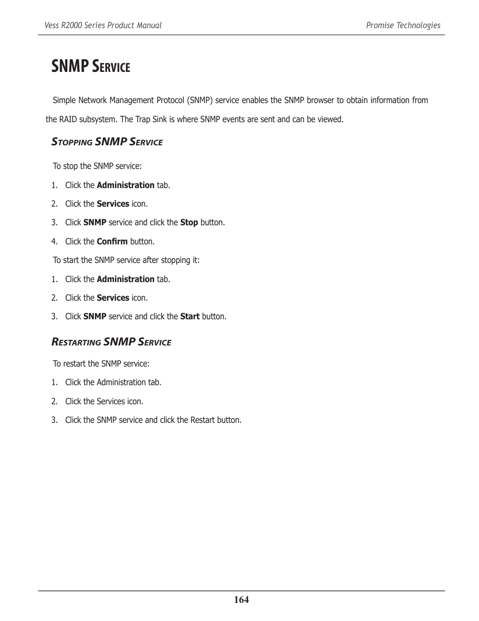 Snmp service, Stopping snmp service, Restarting snmp service | Snmp s, Ervice, Topping, Estarting | Promise Technology 2-Year Extended Warranty for VessR2000 RAID Head User Manual | Page 191 / 705