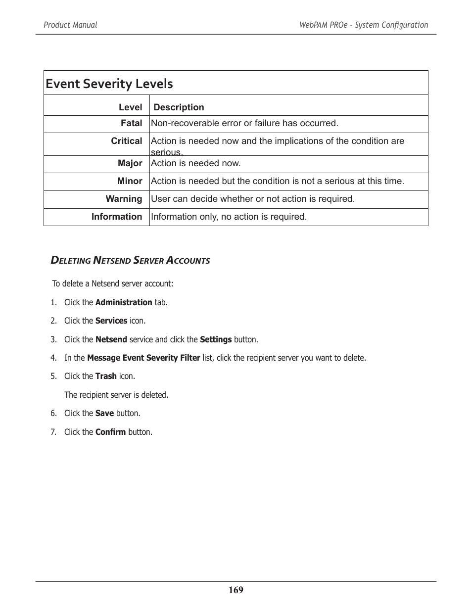 Deleting netsend server accounts, Eleting, Etsend | Erver, Ccounts, Event severity levels | Promise Technology 2-Year Extended Warranty for VessR2000 RAID Head User Manual | Page 196 / 705