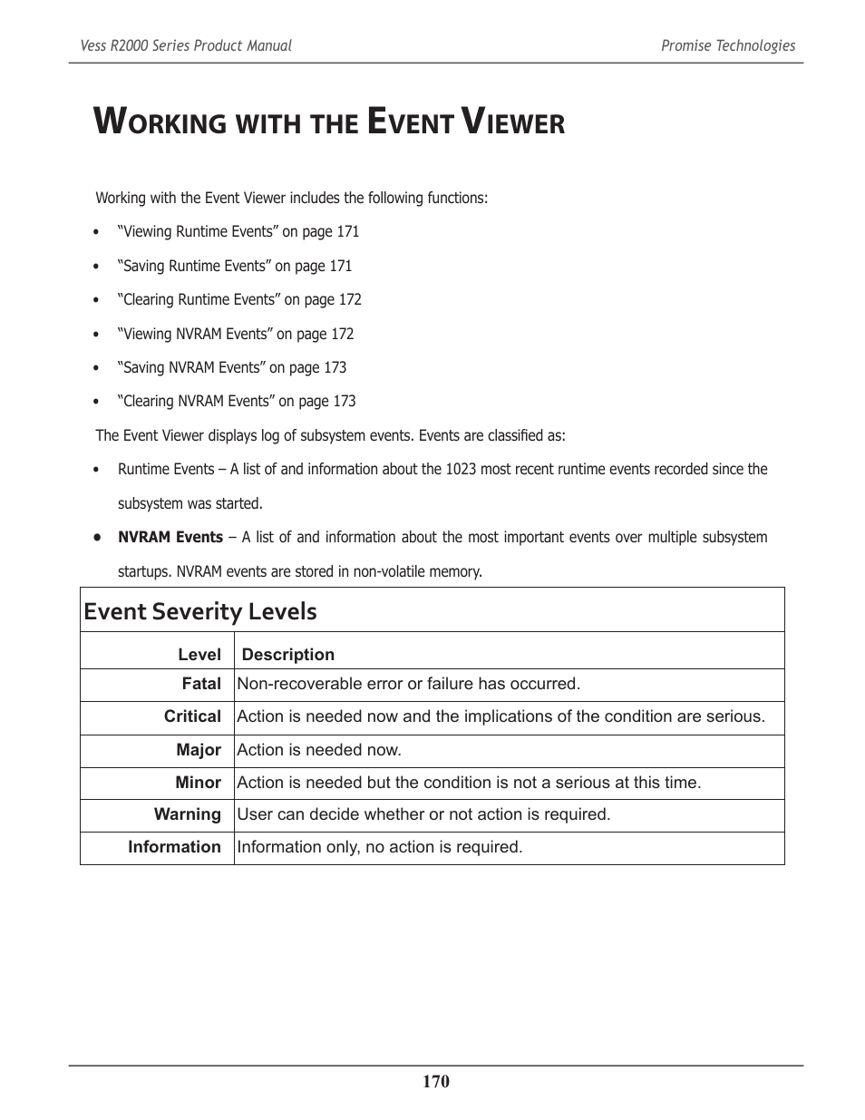 Working with the event viewer, Orking, With | Vent, Iewer, Event severity levels | Promise Technology 2-Year Extended Warranty for VessR2000 RAID Head User Manual | Page 197 / 705
