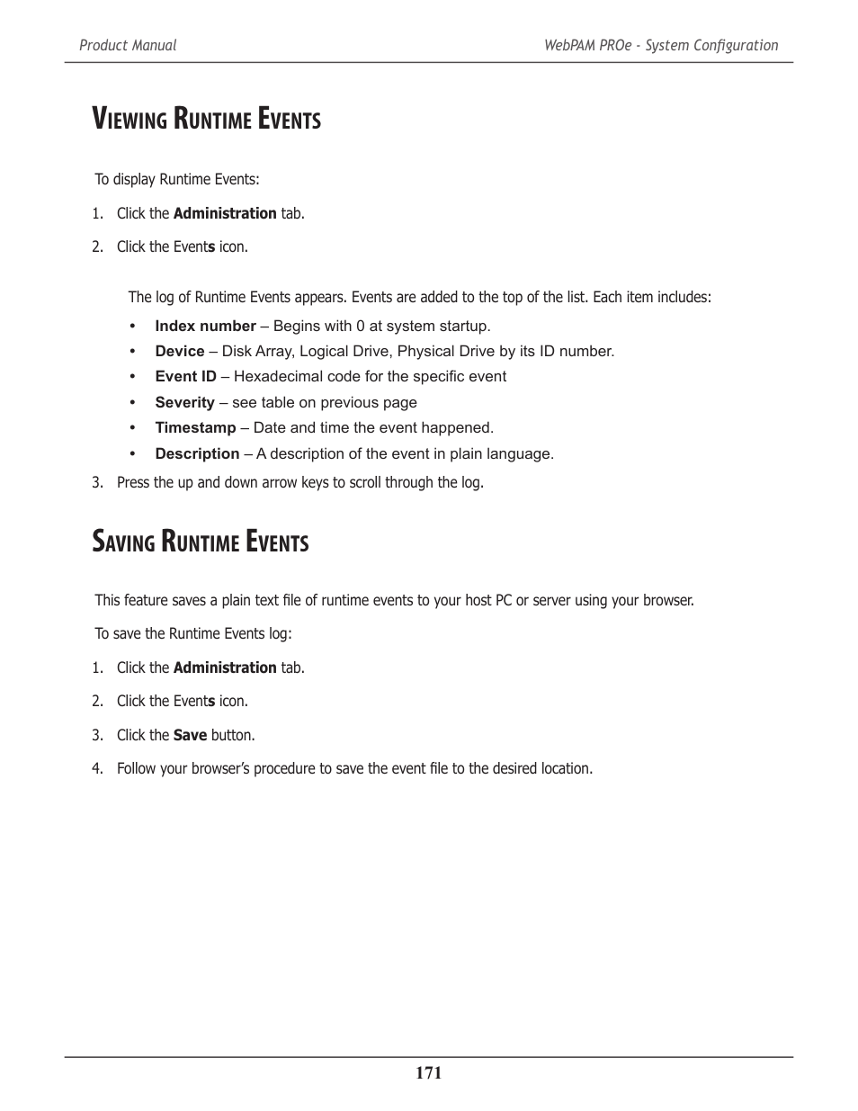 Viewing runtime events, Saving runtime events, Iewing | Untime, Vents, Aving | Promise Technology 2-Year Extended Warranty for VessR2000 RAID Head User Manual | Page 198 / 705